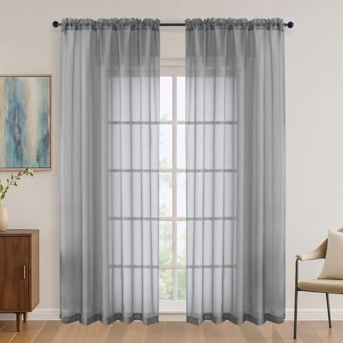 Image of OVZME Charcoal Grey Sheer Curtains 72 Inches Long 2 Panels Set, Light Filtering Sheer Curtains for Living Room Bedroom 59 Inch Extra Wide, Modern Voile Filmy Rod Pocket Window Drapes, 59Wx72L Inches