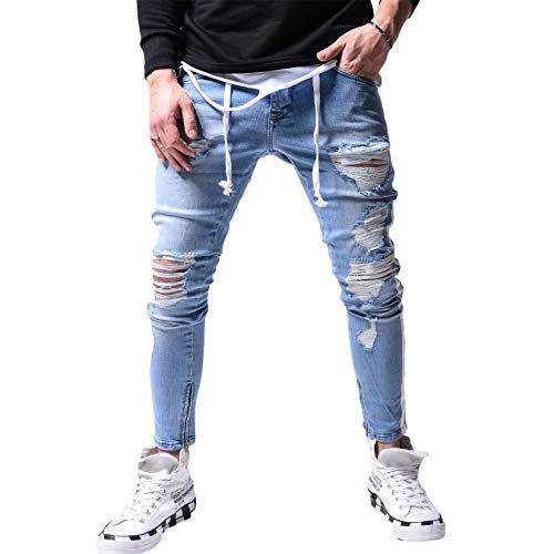Andongnywell Men's Vintage Skinny Fit Destroyed Cotton Denim Pants Stretch Distressed Jeans Trousers