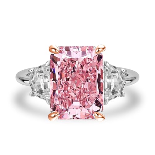 4.0ct Crushed Ice Radiant Cut Three Stone Pink Engagement Ring,Big CZ Simulated Diamond 925 Sterling Silver Promise Ring for Wedding,Daily,Travel