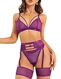 set di lingerie sexy da donna, reggiseno in pizzo con spalline incrociate e mutandine a vita alta, intimo trasparente in rete con reggicalze a cinturino 3 pezzi per notti piccanti(purple,m,981w)