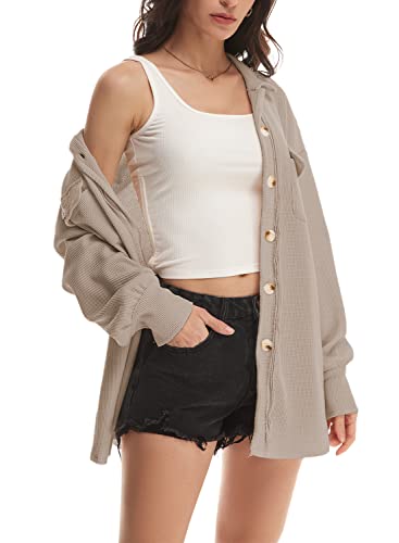 Nirovien Womens Waffle Knit Shacket Oversized Button Down Shirt Jacket Lightweight Spring Outfits Clothes4