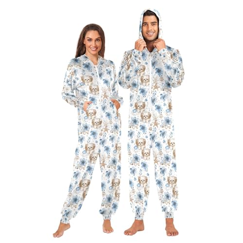 Wudan Pijama de una sola pieza para adultos con capucha y capucha para perros, diseño de flores azules, ropa de dormir, Lindos perros azules con flores marinas, XXXL