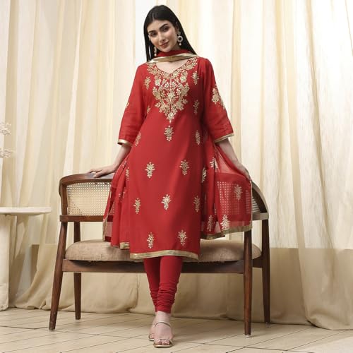 Image of BIBA Women Poly Chanderi Straight Printed Suit Set
