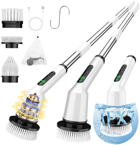 Electric Spin Scrubber for Cleaning Bathroom, Shower Scrubber Cordless Cleaning Brush with IPX7 Waterproof & 2 Speed, 3 Flat 