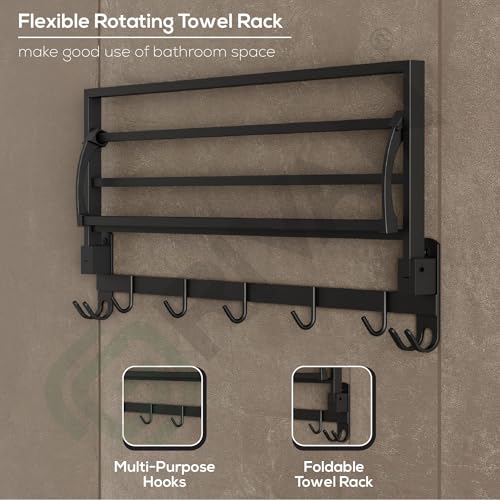 Image of GRIVAN Stainless Steel Towel Holder for Bathroom, 24-inch Bathroom Towel Hanger for Wall with Hooks - Towel Stand in Bathroom (Matte Black Finish)