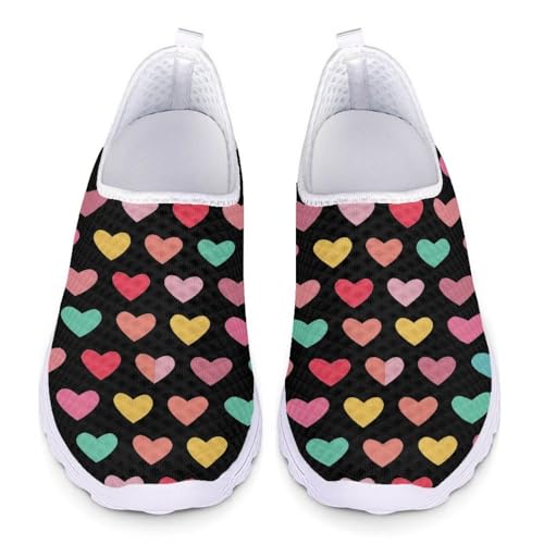 Bigcardesigns Mocassim feminino de malha respirável para caminhada, Coração colorido dos namorados,