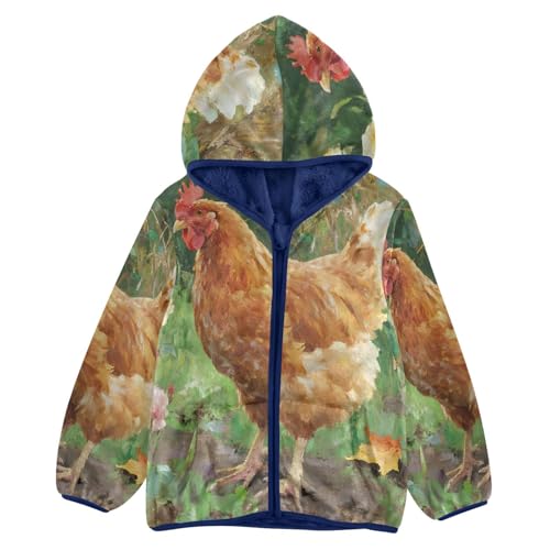 Brown Chicken in Garden Setting Toddler Fleece Jacket Girl Boys Hooded Fleece Jacket Coat Warm Outwear Zip-up 3-10T