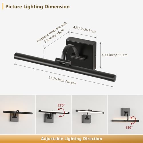 Image of DESOOP Black Picture Lights for Wall Dimmable Art Lights for Paintings Hard-Wired LED Painting Light Gallery Light for Portrait, Artwork, Frame 15.75 Inch 7W Warm White (Pack of 2)