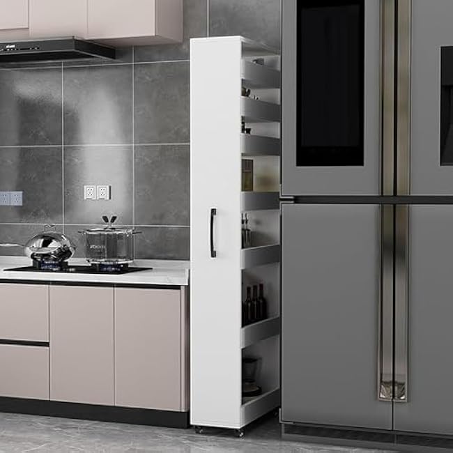 Standing Shelf Wood Spice Rack on Wheels Next to Fridge Double-Sided Kitchen Storage Wooden Movable Storage Rack Narrow Kitchen Cart for Small (Size:20 * 45 * 184cm/7.9 * 17.7 * 72.4inColor:Teak)-KXfIklR6