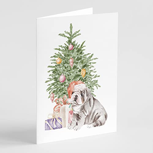 Caroline's Treasures CK8215GCA7P Bulldog, English Bulldog Puppy #2 Christmas Presents and Tree Greeting Cards and Envelopes Pack of 8 Blank Cards with Envelopes Whimsical A7 Size 5x7 Blank Note Cards