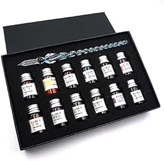 AmigozZ Crystal Glass Dip Fountain Pen with 12 Ink Set. Handmade Crystal Calligraphy Pen with 12 Colorful India Ink for Ar...