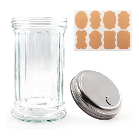 RUIQINQI 12 oz Retro Style Glass Sugar Shakers Dispenser, Glass Jar, Sugar Shaker, Stainless Steel Pour-Flap Lid, For Sugar，Cinnamon，Bee Pollen，pepper and other spices ，1 Pack Cover