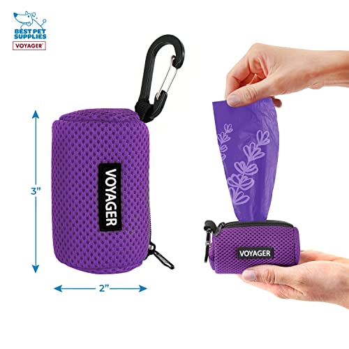 Image of Best Pet Supplies Dog Poop Bag Holder Leash Attachment with Reusable Dispenser for Travel, Walking, Park, and Outdoor Use, Durable with Clip-On - Purple, Mesh Dispenser w /15 Bags
