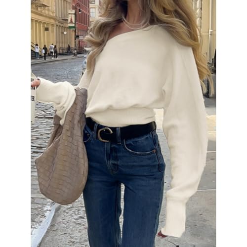 PanoraCirq White Off The Shoulder Sweater Knit Ribbed Pullover Crop Long Sleeve Elegant Fall Streetwear Sweaters3