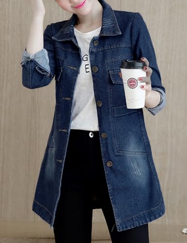 Womens Classic Long Denim Jacket Trendy Lapel Slim Jean Button Down Jackets Shackets Coat Windbreaker Outerwear2
