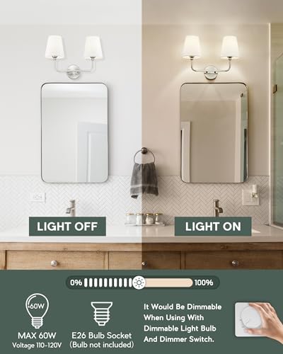 Image of 2-Light Bathroom Light Fixtures, Brushed Nickel Vanity Lights, Double Wall Sconce with Flared White Fabric Shade, Modern Sconces Wall Lighting for Hallway Bedroom Stairway, VL837-BN-2