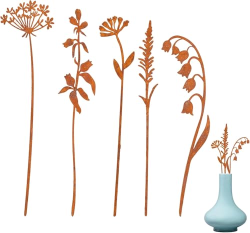 Gartenstecker Rost Blumen Gartendeko für Draußen Wetterfest Rostige Metall Blumenstecker Rostdeko Roststecker Garten Pflanzenstecker Metallstecker Rost Deko für Rasen Hof Balkon Blumentopf (A/5PCS)