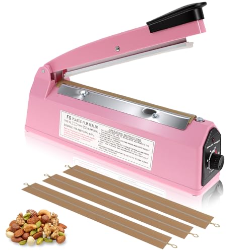 Image of 8 Inch Impulse Sealer, Manual Heat Sealer Machine for Mylar Bags, Shrink Wrap Bag Sealers Sealing Machine for Plastic PE PP Bags with 3 Free Replacements Kit Element Grip, Pink