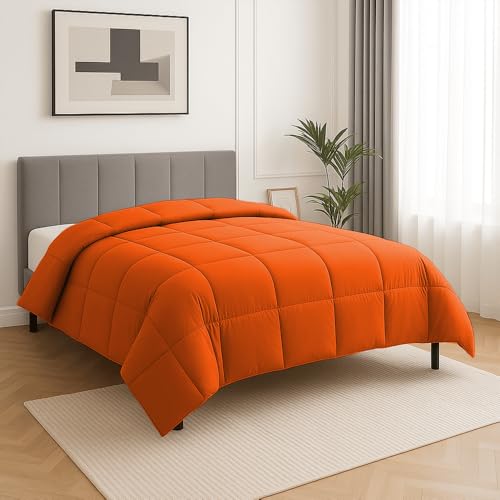 Image of Full Size Comforter Set - All Season Down Alternative Bedding Comforter Set - Quilted Duvet Insert with Corner Tabs - Box Stitched Blanket - Breathable, Soft - Orange