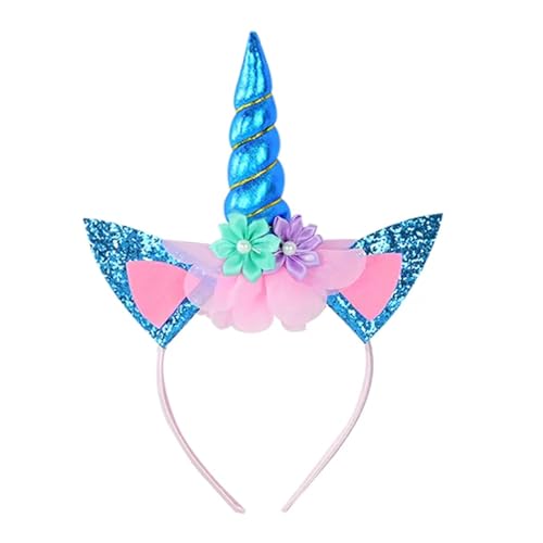 Roffiy Unicorn Horn Headband Blue Glitter Cute Unicorn Flowers Hairband for Women Birthday Party Halloween Cosplay Clothing Hair Decoration Supplies for Women (Blue)