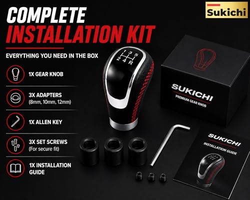 Image of Medirich Lifesciences SUKICHI Premium Manual Car Gear Knob | Universal Gear Shift Knob | Anti Slip Leather Finish Gear Lever | Sport Interior Upgrade Accessory | (Red Stitch, Black)