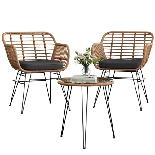Acekool Outdoor Rattan Sitzgruppe Möbel Für 2 Personen 3-TLG. Bistroset Balkonmöbel Gartenmöbel Set Mit 2X Stühle + Balkonmöbelset für Garten Terrasse Balkon -Braun & Schwarz