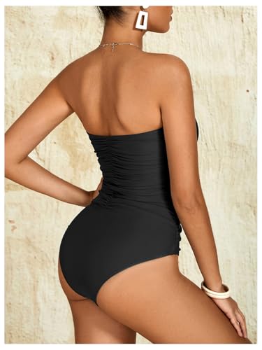 Milumia Women Strapless Bathing Suits Ruched Halter Bandeau One Piece Swimsuit3