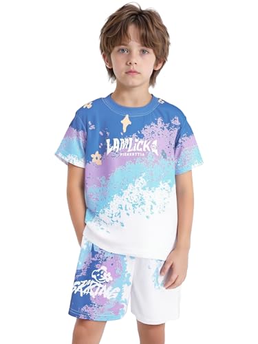 Kids Boys Quick Dry Summer Sports Outfits Fashion Gradient Short Sleeve T-Shirt with Shorts Set