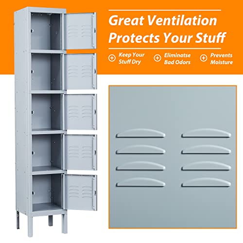 Image of Metal Locker with 5 Doors, 5 Tier Steel Storage Lockers for School, Home, Office, Gym (Grey)