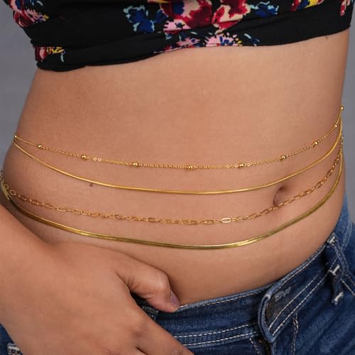 Image of VAMA FASHIONS 18K Gold Plated Belly Chain Combo for Women Girls Anti Tarnish Adjustable Waist Hip Belt Beads Herringbone Saree Kamarbandh Beach Body Chain Jewelry
