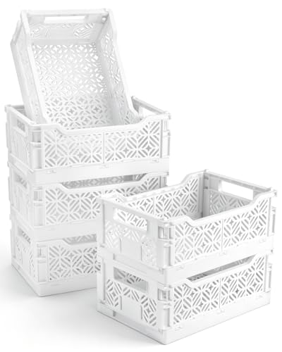 6 Pack Collapsible Storage Bins White Plastic Crates for Storage with Label Slot Stackable Plastic Storage Bins for Home Office Shelves Closet Kitchen Space Saving for Daily Supplies12.2x8.3x4.7)