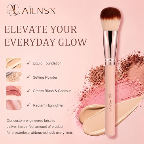 Image of Makeup Brush, Large Face Makeup Brush for Foundation, Powder, Blush, Bronzer and Contour, Soft Dense Synthetic Bristles, Rounded Perfecting Brush with Pink Handle and Rose Gold Ferrule