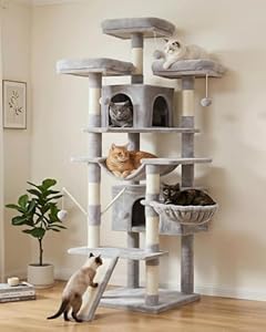 Hey-brother Kratzbaum groß, 180 cm XXL Katzenbaum, Kratzbaum Grosse Katzen Stabil mit Sisalseil, große Kratzbrett, Korb, 3 Plattform and 2 Haus, Hellgrau EMPJ034W
