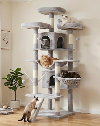 Hey-brother Kratzbaum groß, 180 cm XXL Katzenbaum, Kratzbaum Grosse Katzen Stabil mit Sisalseil, große Kratzbrett, Korb, 3 Plattform and 2 Haus, Hellgrau EMPJ034W