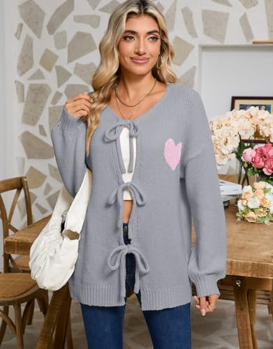 Image of Women's Tie Cardigan Sweaters Long Sleeve Chunky Knit Big Cute Heart Sweater Coats Grey X-Large