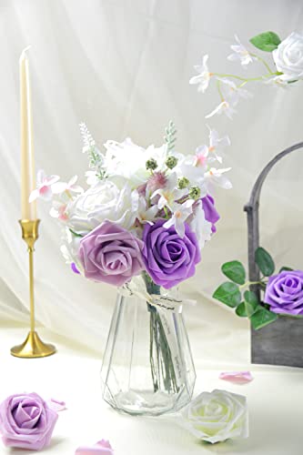 Hyuzo Artificial Flowers 25Pcs Real Looking Violet Purple Ombre Colors Foam Fake Roses With Stems For Diy Wedding Bouquets Bridal Shower Centerpieces Party Tables Home Decorations #TOP1