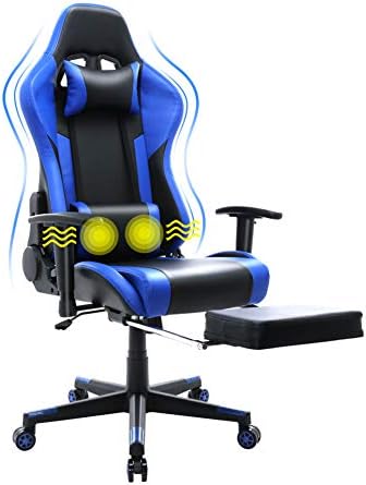 Gaming Chair Racing Office Chair Ergonomic Massage Backrest Chair PU Leather Recliner PC Computer Chair Adjustable Swivel E-Sports Chair with Headrest Footrest Armrest (Blue)