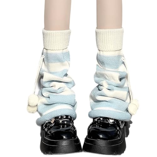 Grunge Kawaii Stylish Gothic Y2K Accessories Knitted Knee High Long Fluffy Balls Decor Striped Leg Warmers