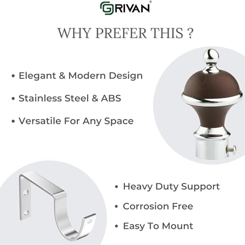 Image of GRIVAN Manjira Shape Stainless Steel & ABS Curtain Bracket Parda Holder with Support 1 Inch Rod Pocket Finials Designer Door and Window Rod Support Fittings, Curtain Rod Holder(Brown, Pair of 2)
