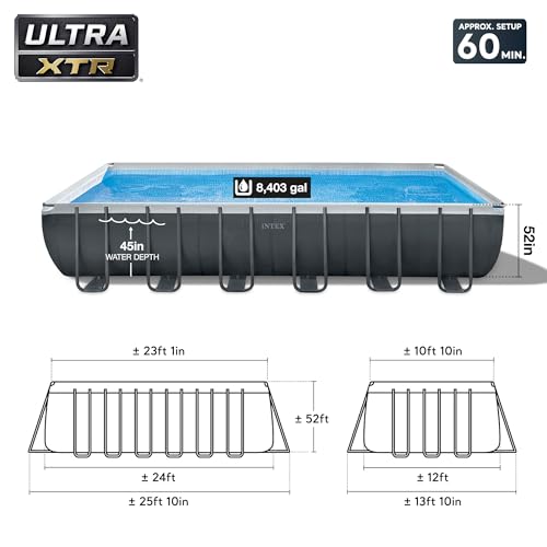 INTEX 26363EH Ultra XTR Deluxe Rectangular Above Ground Swimming Pool Set: 24ft x 12ft x 52in – Includes 2100 GPH Sand Filter Pump – Easy Assembly