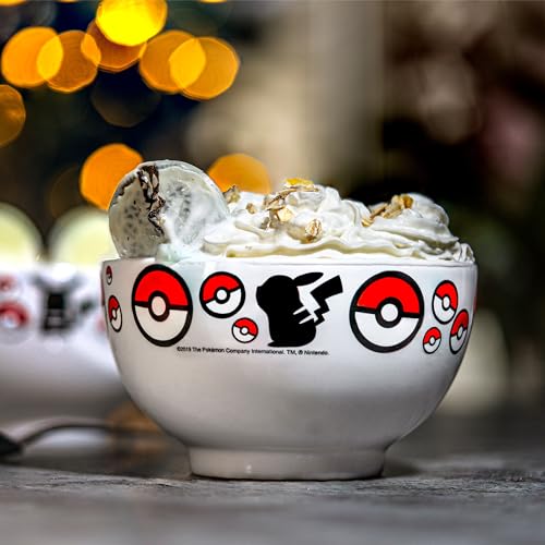 Elbenwald Pokemon Müslischale - Bowl mit Pikachu und Pokebälle Motiv - 600 ml - 8 cm Höhe - Ø 13 cm - Keramik - Weiß Rot