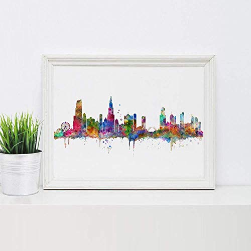 Chicago Skyline City Chicago Watercolor Art Print Chicago Wall Print Poster Painting Home Decor Chicago Wall Hanging Map 11X14Inch Unframed #TOP1