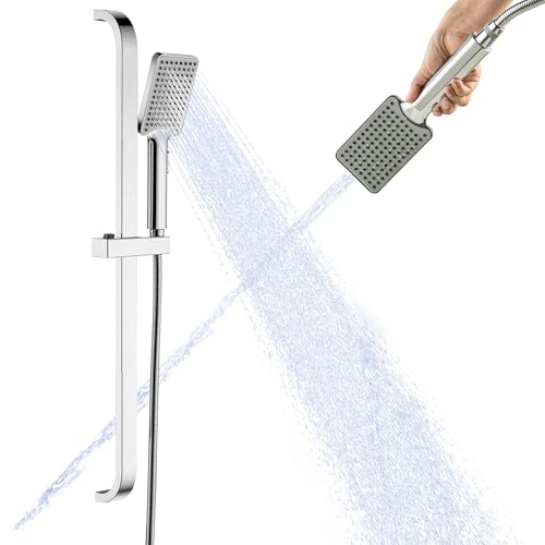 Barra deslizante para ducha manual, altura ajustable 25.5 pulgadas | Juego de ducha manual con barra deslizante, cabezal de ducha de alta presión y manguera de 59 pulgadas, cromado miniatura 1