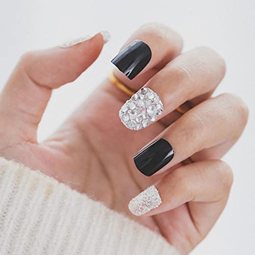 Yikisdy Glossy Square Fake Nails Black Press on Nails Short False Nails Glitter Fingernails for Women and Girls (Pack of 24)