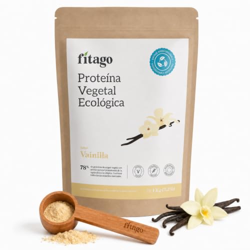 Fitago Proteína vegetal ecológica 78%   1kg Vainilla | Proteína vegana en polvo BIO | 100% natural, sin aditivos ni edulcorantes | guisante, arroz y cáñamo (1000 gramos)