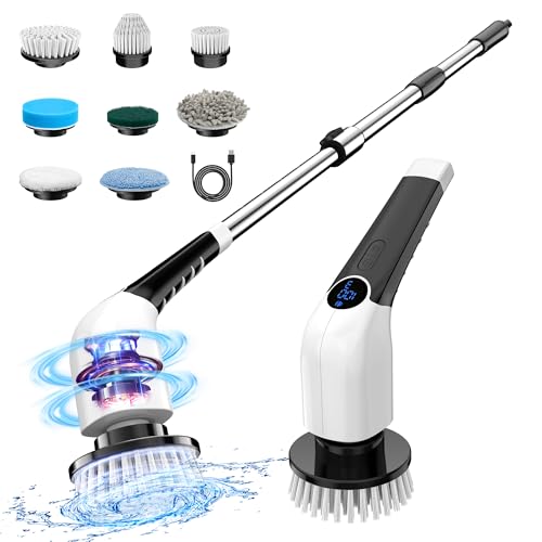 Electric Spin Scrubber, 2025 New Cordless Shower Cleaning Brush with 8 Replaceable Brush Heads, 3 Adjustable Speeds, and Adjustable Extension Handle f