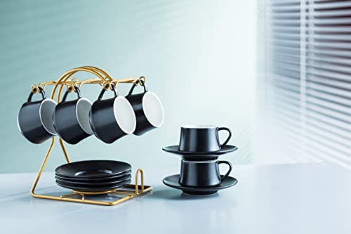 Gomakren Espresso Cups With Saucers Set Of 6 With Stand, 4 Oz Cappuccino Espresso Latte Coffee Small Cup Black Demitasse Tea Cups For Party Daily Use #TOP5