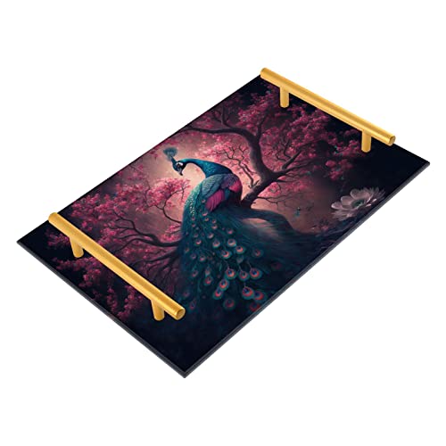FOLIOSA Vanity Tray (Peacock Pink Flower), Acrylic Decorative Serving Tray with Metal Handles for Bathroom Living Room Bedroom 7.87×11.81 inches