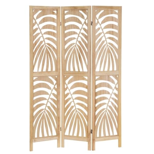 Biombo de 3 Hojas de Madera de paulonia Natural con Tallado de Hojas de Palmera de 120x170 cm