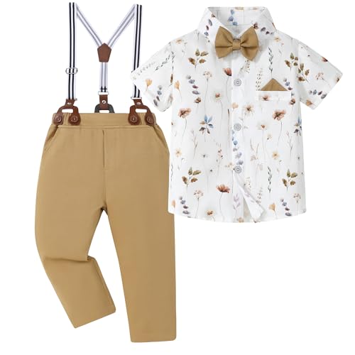 DISAUR Boys Wedding Guest Outfit White Flower Dress Shirt Brown Suspender Pants Baby Boy Suits 12-18 Months 1t